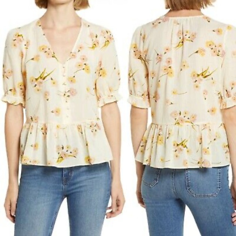 Madewell Courtyard Carnation Print Ruffle Hem Top